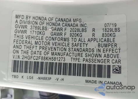 2019 Honda Civic Sport from USA, damaged, VIN 2HGFC2F88KH581273
